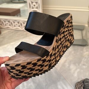Pedro Garcia Black and Tan Raffia Espadrille Wedge Sandal